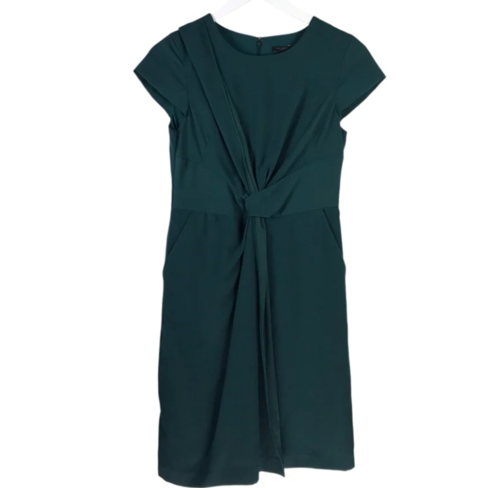 Ann Taylor Teal Sheath Midi Dress Crew Neck W/knotted Sash Look & Pockets Sz.16